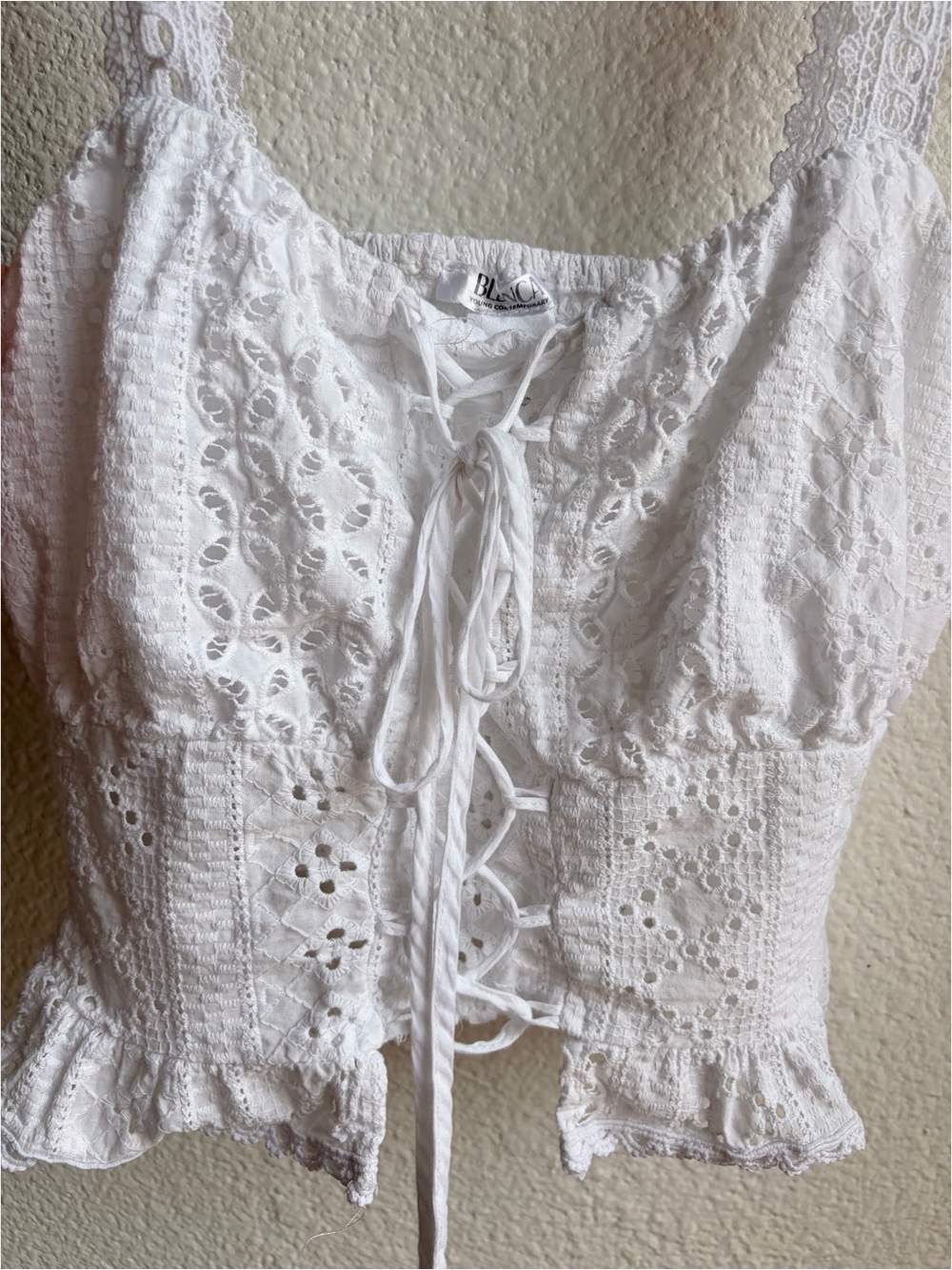 White Cotton Eyelet Peplum Corset Top Medium - Picture 4 of 5